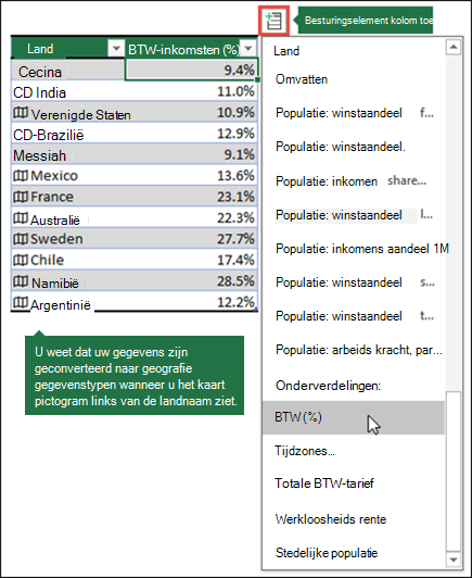 Voeg een kolom toe aan een geografisch gegevenstype door een eigenschap te selecteren met de knop Kolom toevoegen.