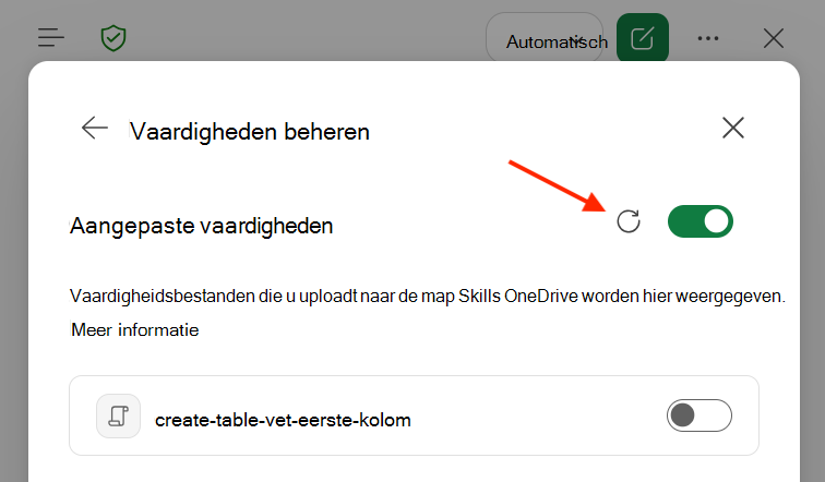 Schermopname van het dialoogvenster Copilot in Excel Aangepaste vaardigheden met de knop Vernieuwen gemarkeerd.