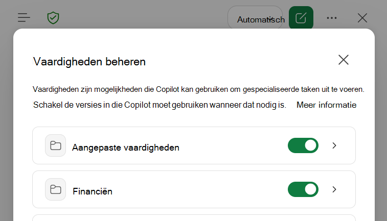 Schermopname van het dialoogvenster Copilot in Excel Vaardigheden beheren.