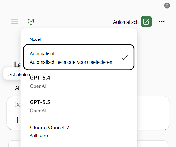 Schermopname van het menu Copilot in Excel-modelkiezer, met Automatisch geselecteerd.