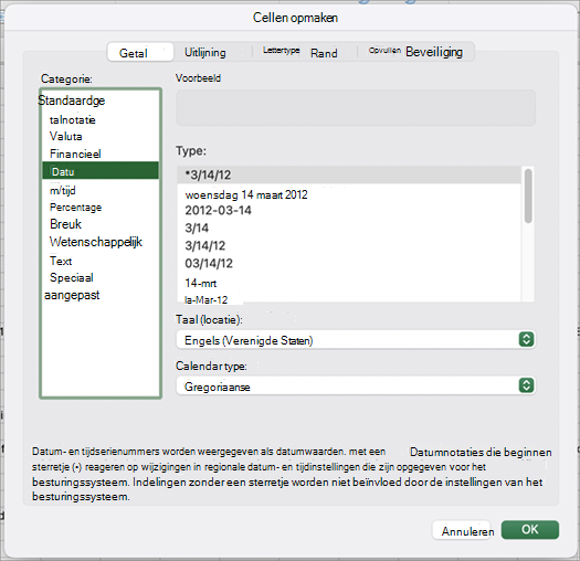 Dialoogvenster Datumnotatie