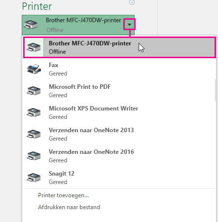 In de vervolgkeuzelijst worden alle beschikbare printers weergegeven waarmee de computer verbinding kan maken. Klik op de gewenste printer.