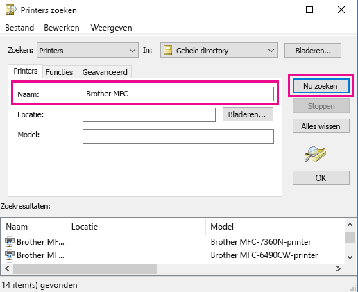 Typ de naam van de printer in het vak Naam of laat dit vak leeg als u de naam niet weet. Klik vervolgens op Nu zoeken.