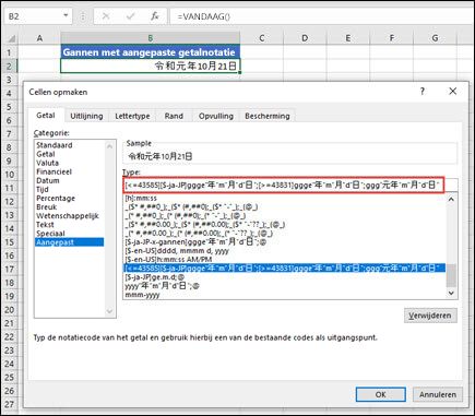 Gannen-indeling toepassen met een aangepast getal vanuit het tabblad > Ctrl+1 > Getal Aangepast getal.
