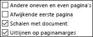 Opties voor kop- en voetteksten in het dialoogvenster Pagina-instelling