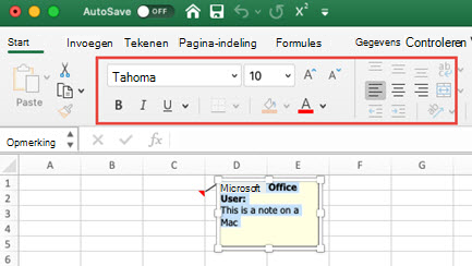 Afbeelding van een notitie op een Mac, met het tabblad Start voor het opmaken van de notitietekst.