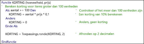 Voorbeeld van een VBA-functie met opmerkingen