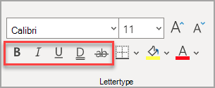 De sectie Lettertype van het tabblad Start, met effecten gemarkeerd.