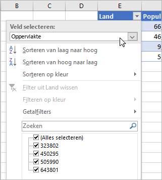 Filtermenu, menu Weergavewaarde, velden uit het gekoppelde gegevenstype dat is vermeld