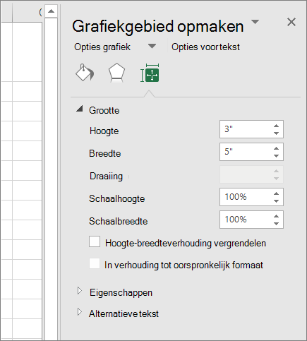 U kunt de grafiekgrootte aanpassen in het dialoogvenster Grafiekgebied opmaken