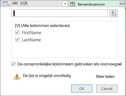 Klikken op Uitvouwen voor een kolom met gestructureerde records