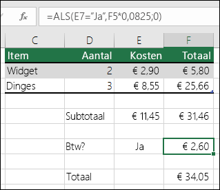 Formule in cel F7 is ALS(E7=Ja,F5*0,0825,0)