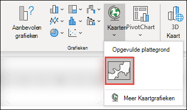 Als u een kaartgrafiek wilt invoegen, selecteert u een willekeurige cel in het gegevensbereik en gaat u vervolgens naar Grafieken invoegen > en >> selecteert u het pictogram Opgevulde kaart.