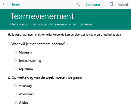 Voorbeeldmodus voor computers van een formulier voor een schoolenquête