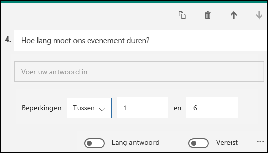 Tekstvraag weergegeven met cijferbeperking tussen 1 en 6