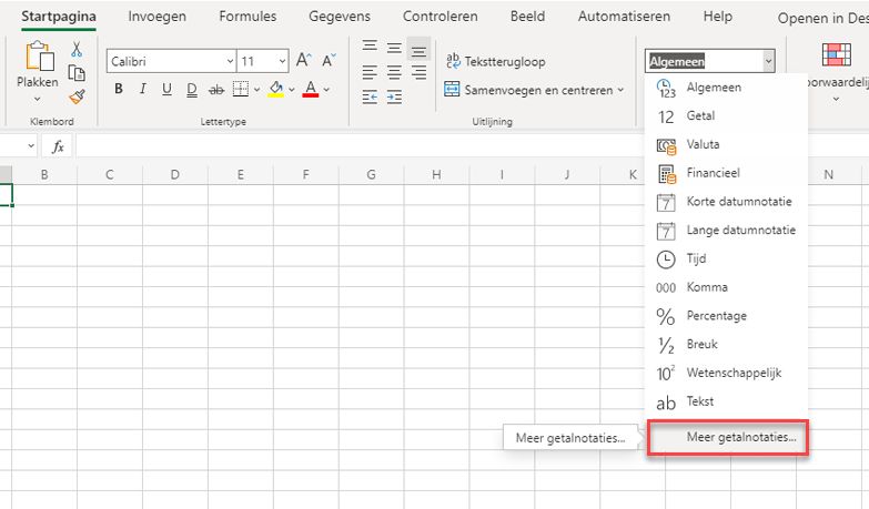 Menu Getalnotatie met de optie Meer getalnotaties gemarkeerd.