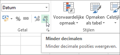 De knop Minder decimalen