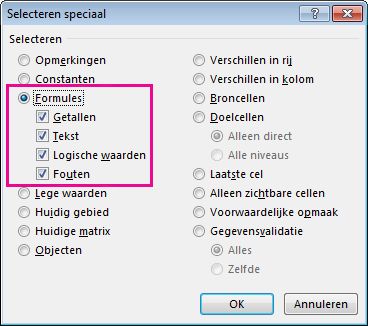 Opties voor het zoeken van formules in het vak Selecteren speciaal