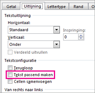 De optie Tekst passend maken op het tabblad Uitlijning van het dialoogvenster Celeigenschappen