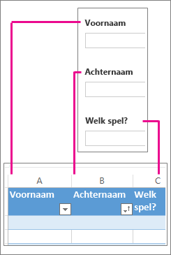 Enquêtevragen horen bij werkbladkolommen