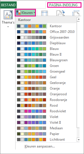 De galerie met themakleuren geopend via de knop Kleuren op het tabblad Pagina-indeling
