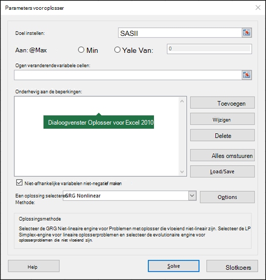 Afbeelding van het dialoogvenster Oplosser in Excel 2010+