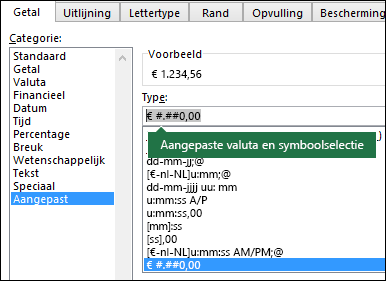 Functie TEKST: aangepaste valuta met symbool