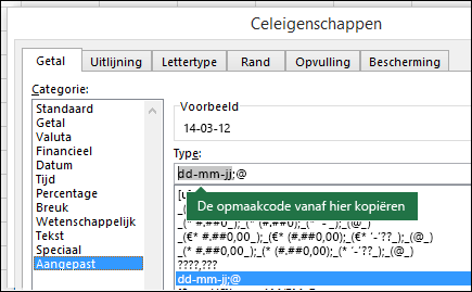 Voorbeeld van het gebruik van het >> dialoogvenster Celnummer > aangepast om in Excel opmaaktekenreeksen te laten maken.