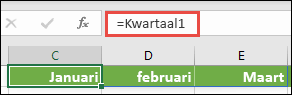 Gebruik een benoemde matrixconstante in een formule, zoals =Kwartaal1, waarbij kwartaal1 is gedefinieerd als ={januari,februari,maart}