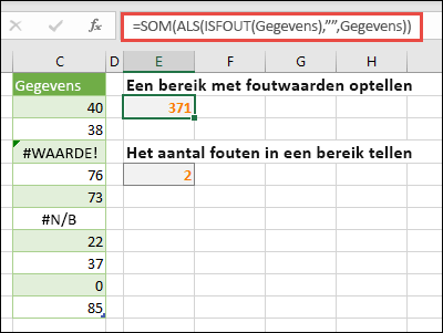 Gebruik matrices om fouten te corrigeren. Met =SOM(ALS(ISFOUT(Gegevens),,Gegevens) wordt bijvoorbeeld het bereik met de naam Gegevens opgeteld, zelfs als het fouten bevat, zoals #VALUE! of #NA!.
