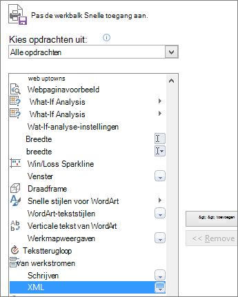 Kies XML in de lijst met opdrachten en klik vervolgens op Toevoegen.