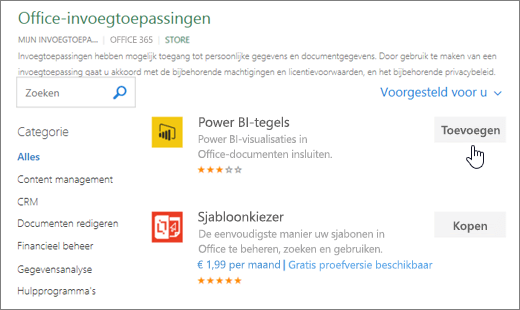 Schermopname van de pagina Office-invoegtoepassingen waar u een invoegtoepassing voor Excel kunt selecteren of zoeken.