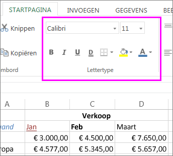 De knoppen op het lint voor het instellen van het lettertype