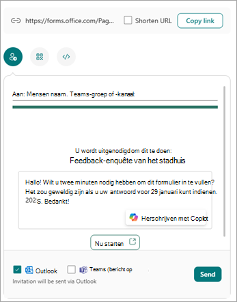 U kunt uw formulier op meerdere manieren verzenden vanuit het scherm Antwoorden verzenden en verzamelen.