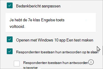 Instellingen voor een toets geven een optie weer voor antwoorden die specifiek zijn voor toetsen: Openen met Windows 10 Een toets maken