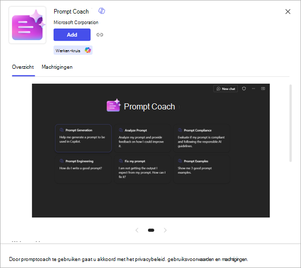 Schermopname van een app met meer details en de optie om deze toe te voegen aan Microsoft 365 Copilot.