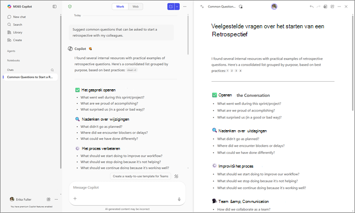 Weergave naast elkaar van Copilot Chat- en Copilot-pagina's in de Microsoft 365 Copilot-app.