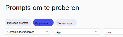 De Copilot-promptgalerie navigatiekoptekst met het tabblad Uw prompts geselecteerd.