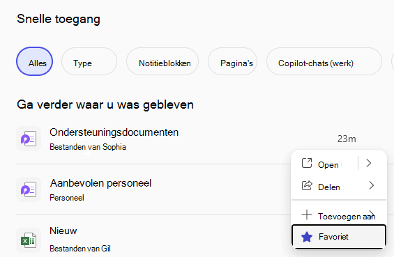 Het deelvenster Snelle toegang met recente bestanden en een knop Favoriet