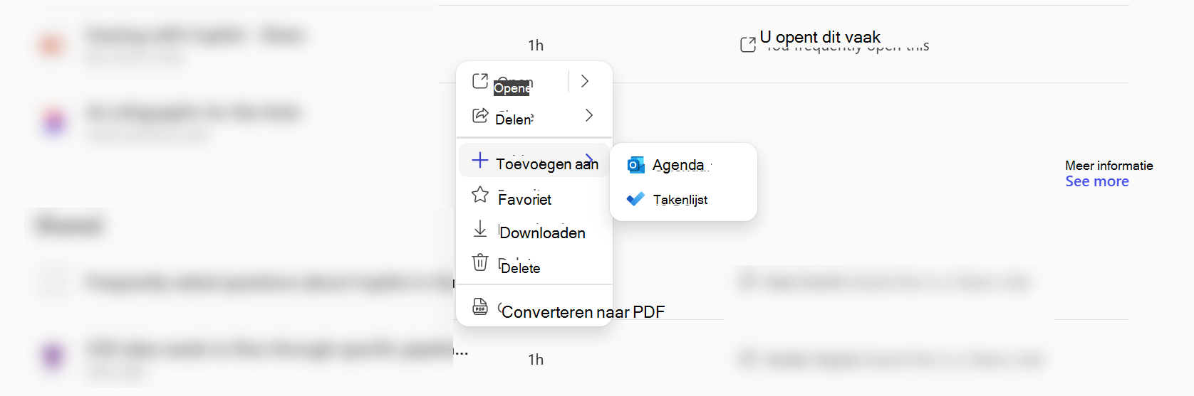 Een contextmenu in de Microsoft 365 Copilot-app waarin wordt weergegeven dat u een bestand kunt toevoegen aan Calendar of To Do.