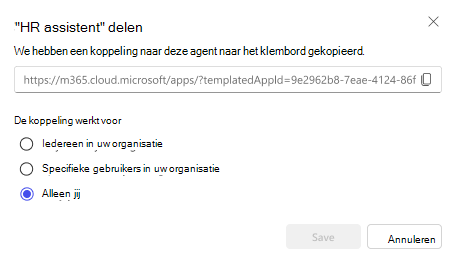 Een schermafbeelding van de opties voor het delen van een agent