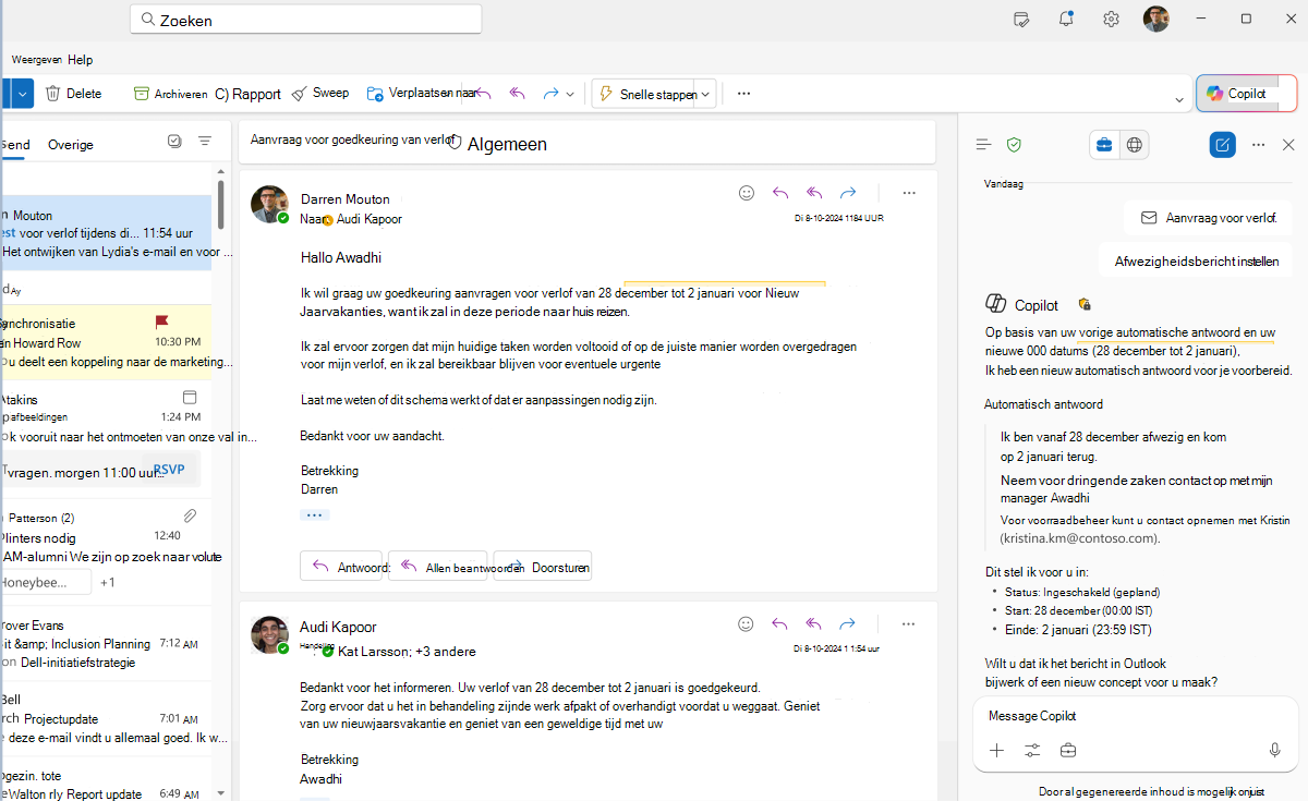 Schermopname van Copilots-reactie om een automatisch antwoord te maken in Copilot in Outlook