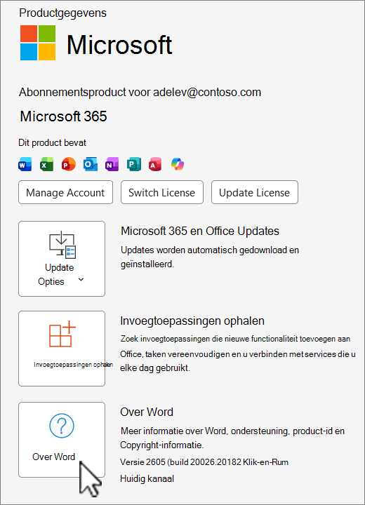 Schermopname van de versieweergave van Office 365.