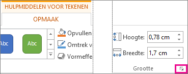 Startpictogram van het dialoogvenster in de groep Grootte op het tabblad Hulpmiddelen voor tekenen - Opmaak