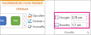 De vakken Hoogte en Breedte op het tabblad Hulpmiddelen voor tekenen - Opmaak