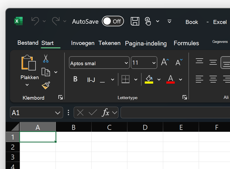 Schermafbeelding van de linkerbovenhoek van Excel in het thema Zwart