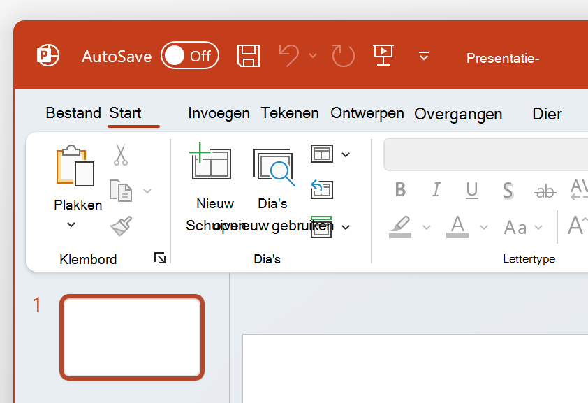 Een schermafbeelding van de linkerbovenhoek van PowerPoint in Kleurrijk thema.