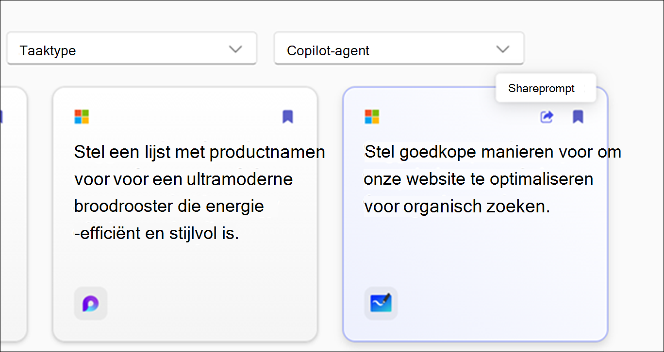 Prompts pagina proberen met beschikbare prompts met filteropties zoals App, taak en taaktype.