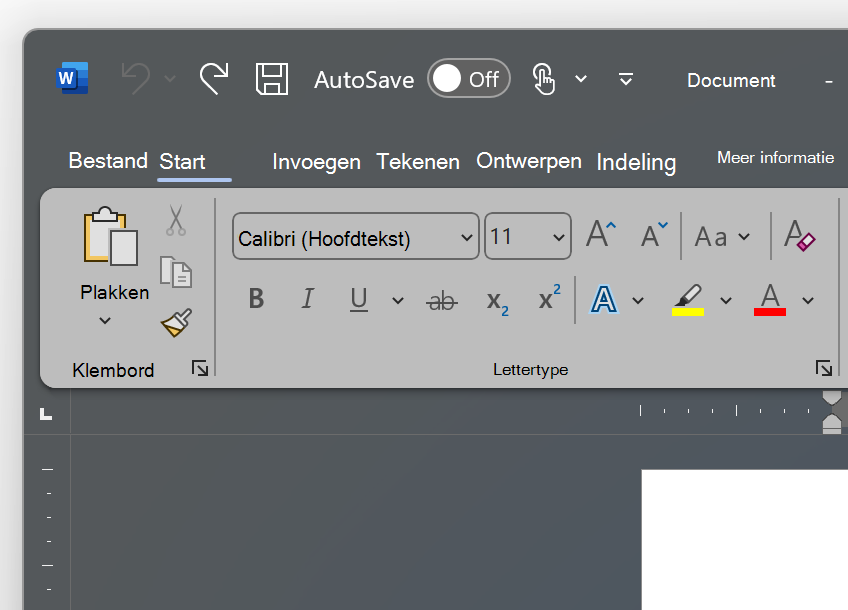 Schermafbeelding van de linkerbovenhoek van het thema Donkergrijs van Word.