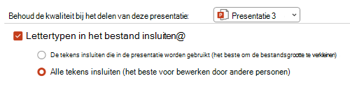 Afbeelding van de beschikbare opties voor het insluiten van lettertypen in een PPT-presentatie.